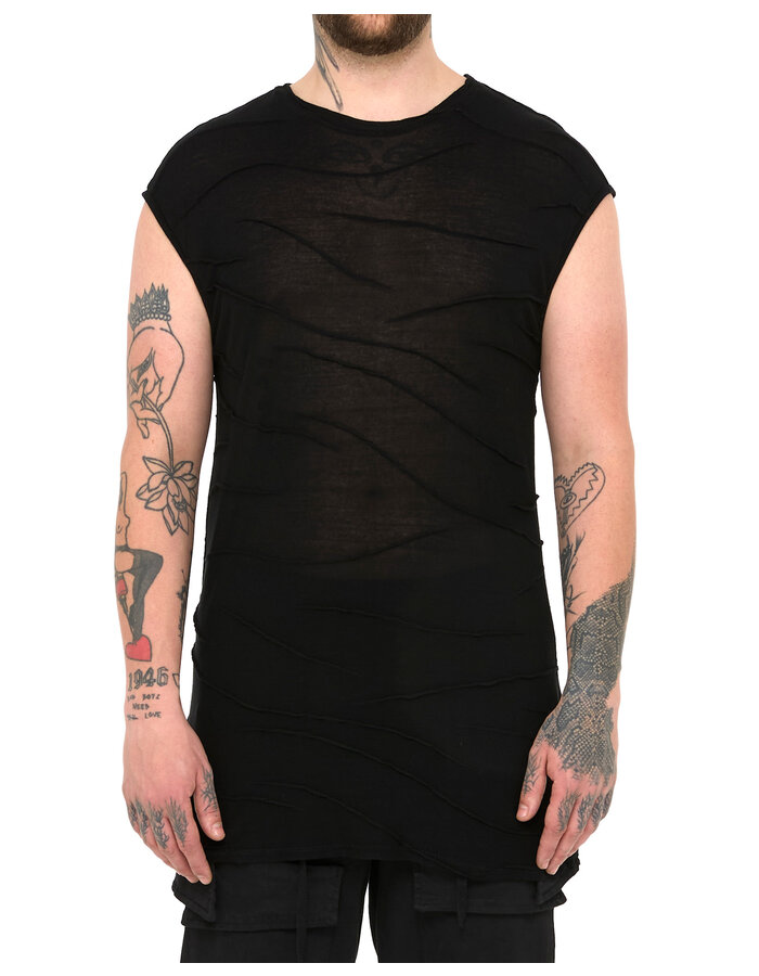 LA HAINE INSIDE US VISCOSE PLISSE DETAIL CUT-OFF T-SHIRT