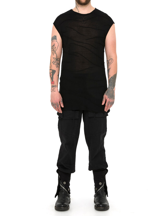 LA HAINE INSIDE US VISCOSE PLISSE DETAIL CUT-OFF T-SHIRT