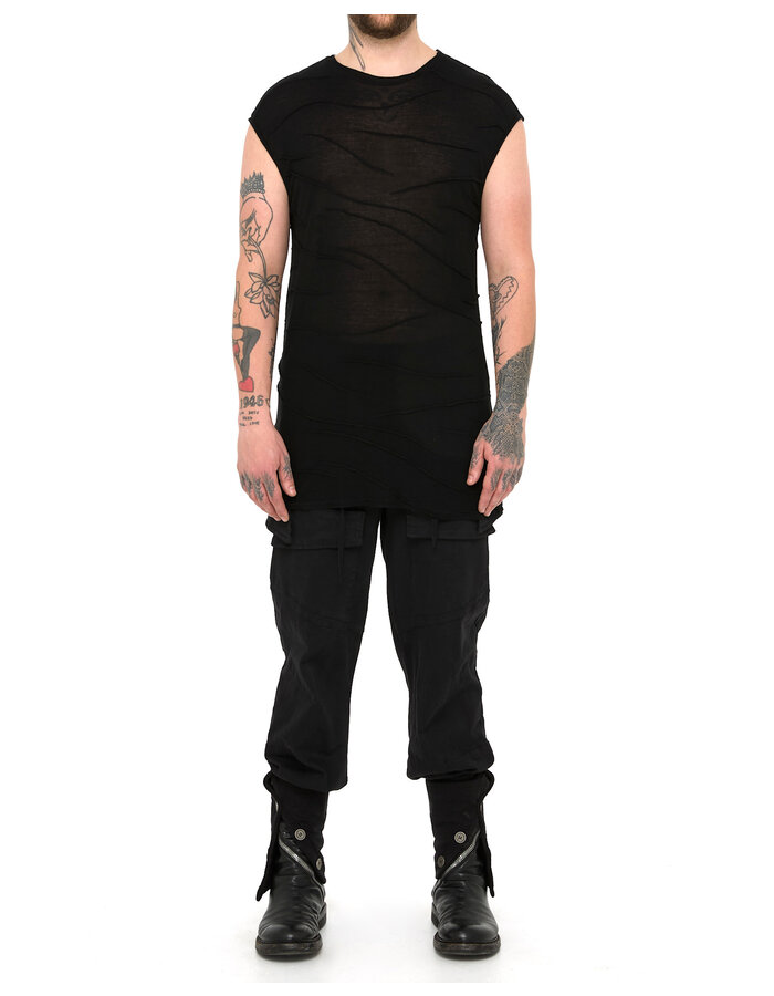 LA HAINE INSIDE US VISCOSE PLISSE DETAIL CUT-OFF T-SHIRT