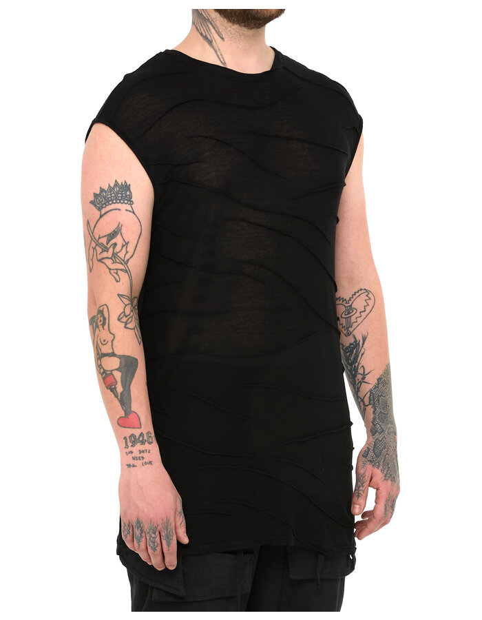 LA HAINE INSIDE US VISCOSE PLISSE DETAIL CUT-OFF T-SHIRT
