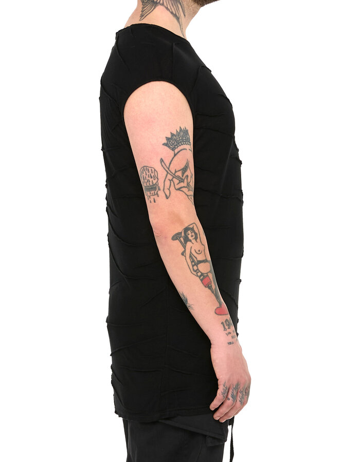 LA HAINE INSIDE US VISCOSE PLISSE DETAIL CUT-OFF T-SHIRT