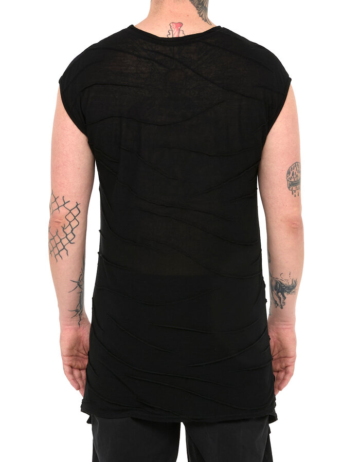 LA HAINE INSIDE US VISCOSE PLISSE DETAIL CUT-OFF T-SHIRT