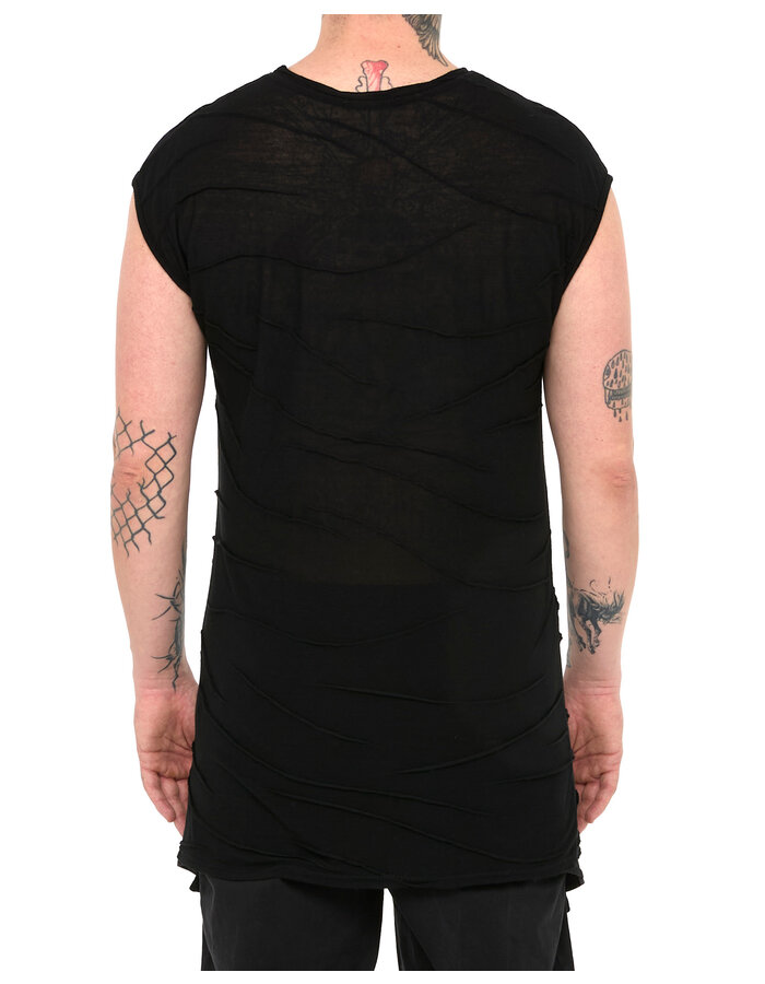 LA HAINE INSIDE US VISCOSE PLISSE DETAIL CUT-OFF T-SHIRT
