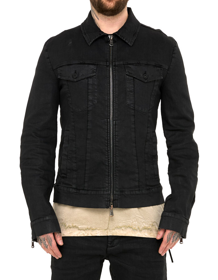 MD75 COATED DENIM ZIP FRONT TRUCKER JACKET - BLACK