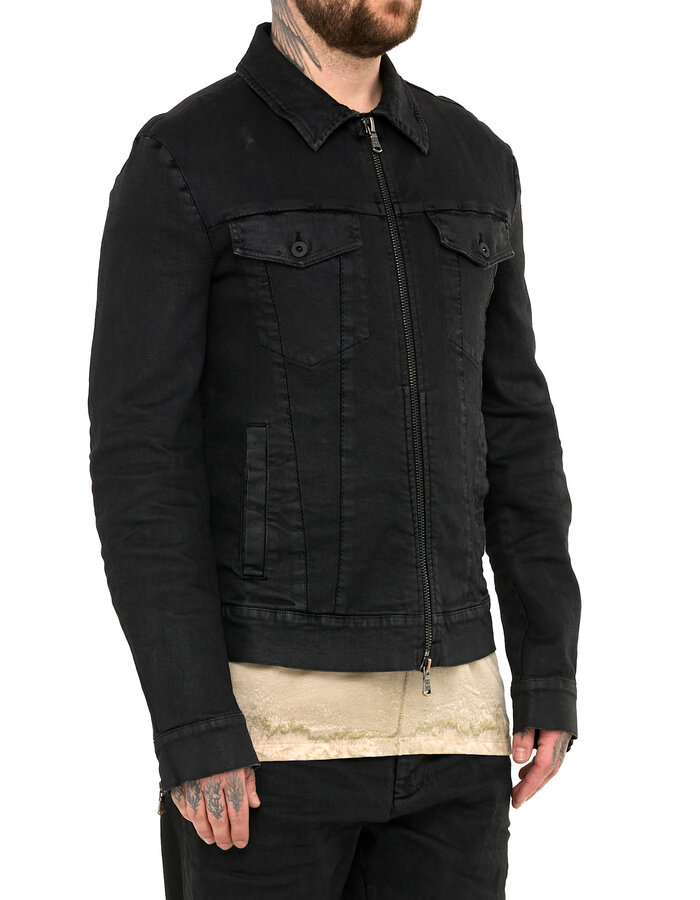 MD75 COATED DENIM ZIP FRONT TRUCKER JACKET - BLACK
