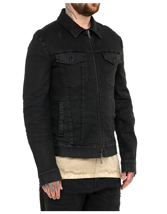 MD75 COATED DENIM ZIP FRONT TRUCKER JACKET - BLACK