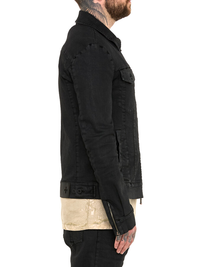 MD75 COATED DENIM ZIP FRONT TRUCKER JACKET - BLACK