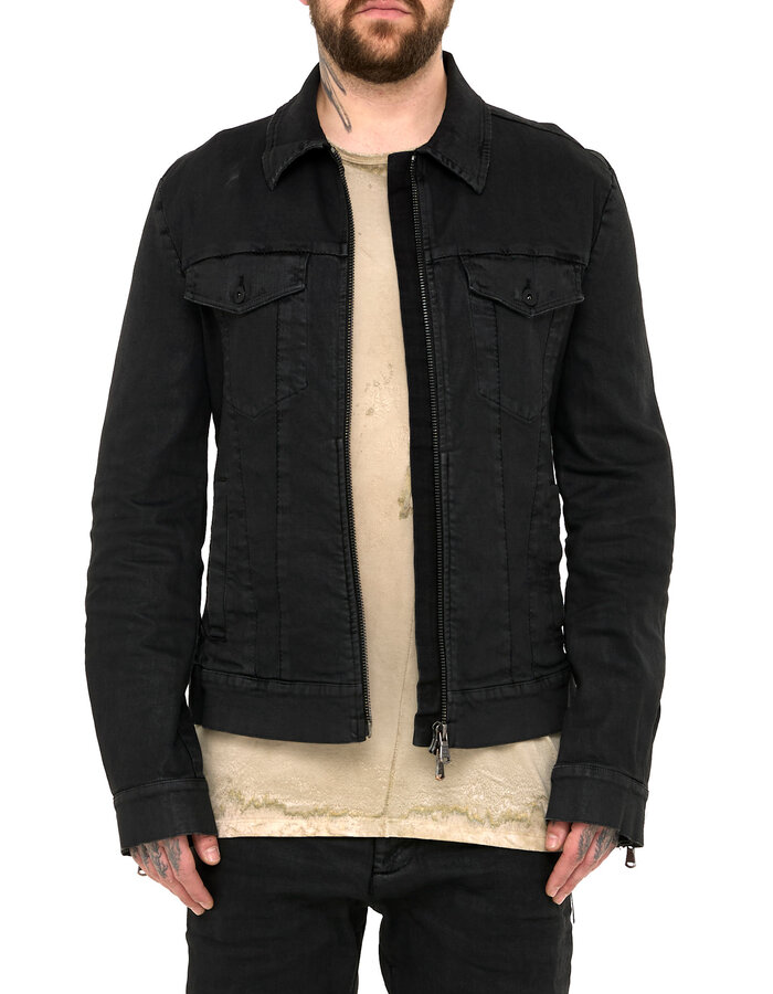 MD75 COATED DENIM ZIP FRONT TRUCKER JACKET - BLACK
