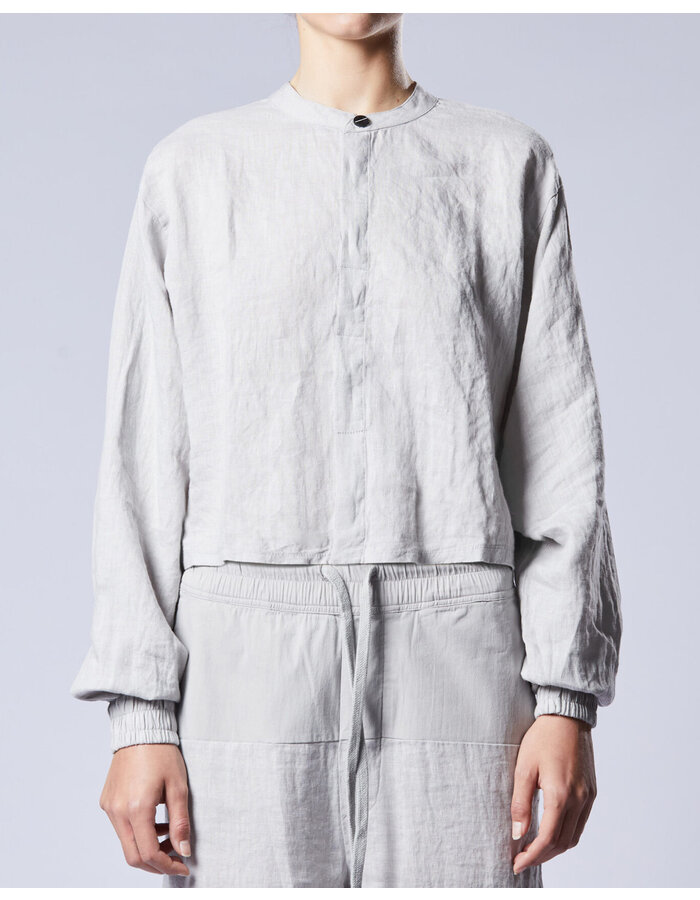 THOM KROM CROPPED LINEN MANDARIN SHIRT WITH ELASTIC CUFF - SILVER