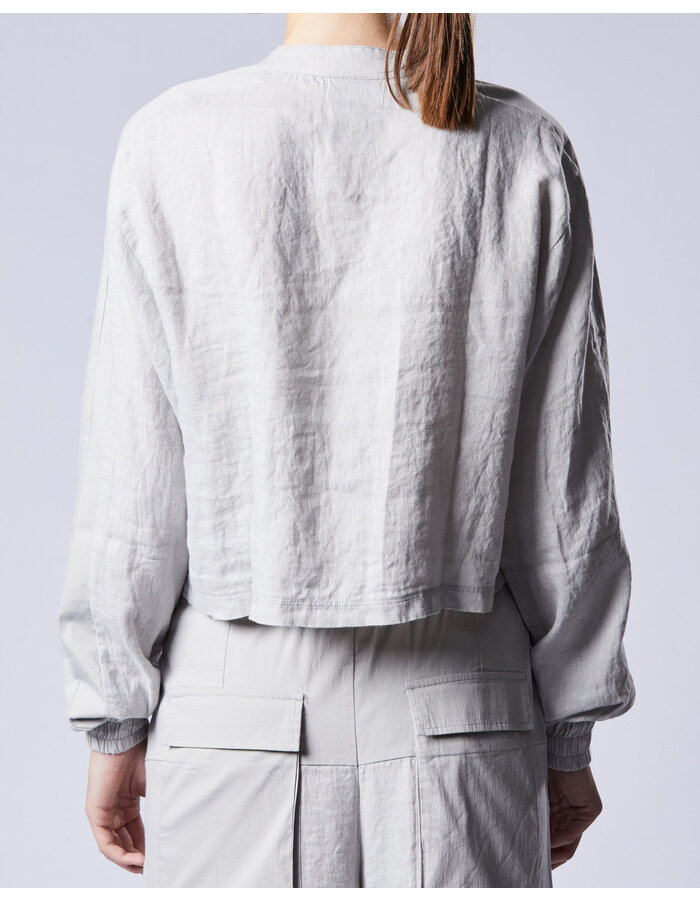 THOM KROM CROPPED LINEN MANDARIN SHIRT WITH ELASTIC CUFF - SILVER