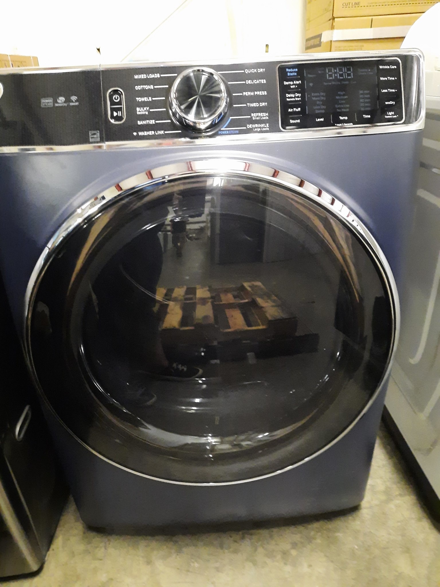 GE GE GFD85ESPNRS   7.8 cu. ft. Smart 240-Volt Sapphire Blue Stackable Electric Vented Dryer with Steam and Sanitize Cycle, ENERGY STAR