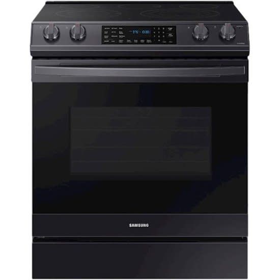Samsung **Samsung NE63T8511SG (NIB) 30-in Smooth Surface 5 Elements 6.3-cu ft Self-Cleaning Air Fry Convection Oven Slide-In Electric Range (Fingerprint Resistant Black Stainless Steel)