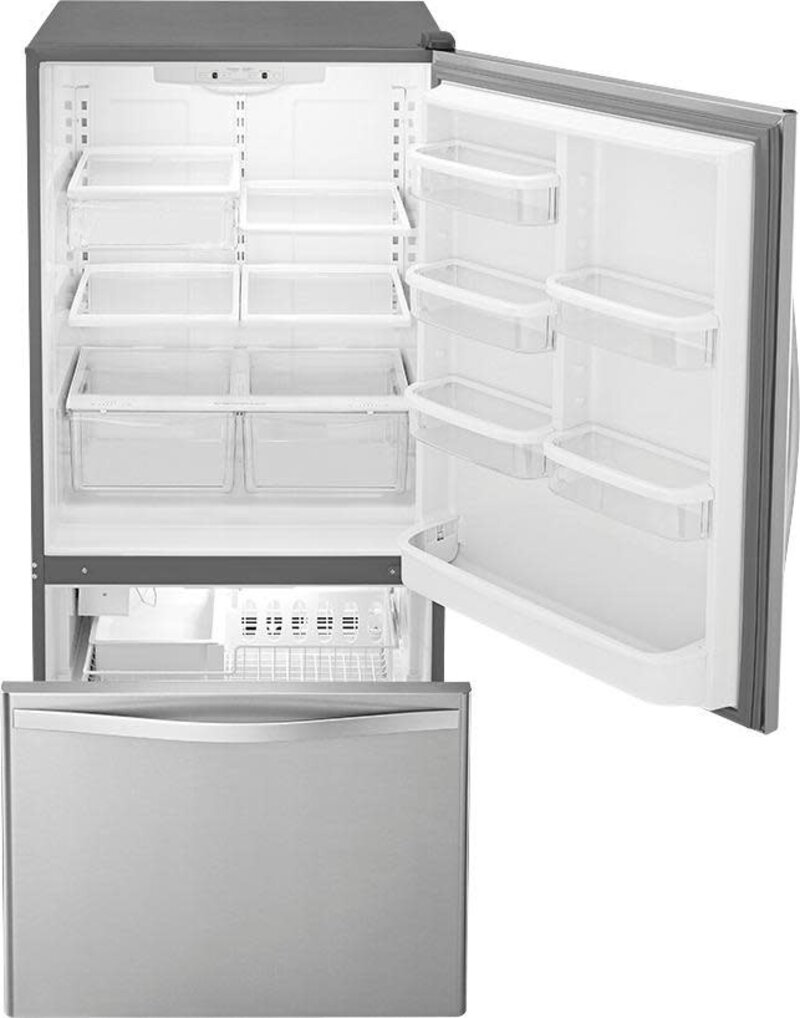 Whirlpool *Whirlpool  WRB322DMBM  22 cu. ft. Bottom Freezer Refrigerator in Stainless Steel with Spill Guard Glass Shelves.