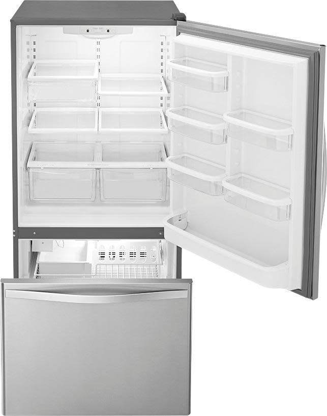 Whirlpool *WRB322DMBM  22 cu. ft. Bottom Freezer Refrigerator in Stainless Steel with Spill Guard Glass Shelves.