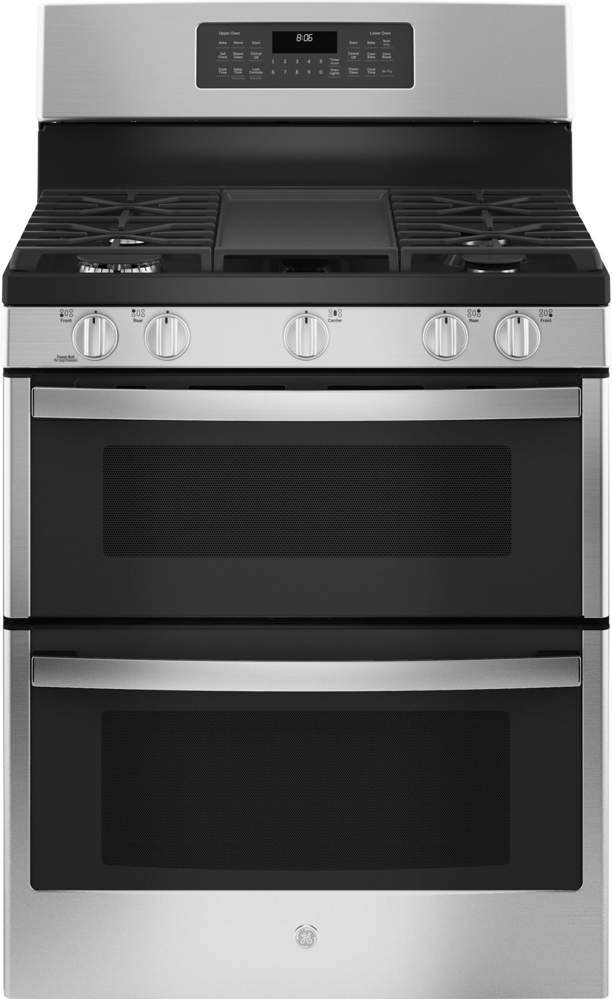 GE * JGBS86SPSS 6.8 Cu. Ft. Freestanding Double-Oven Gas Convection Range with Self-Steam Cleaning and No-Preheat Air Fry - Stainless steel