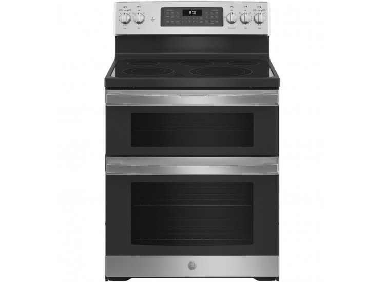 GE *GE JBS86SPSS  30-in Smooth Surface 5 Elements 4.4-cu ft/2.2-cu ft Convection Oven Freestanding Double Oven Electric Range (Stainless Steel)