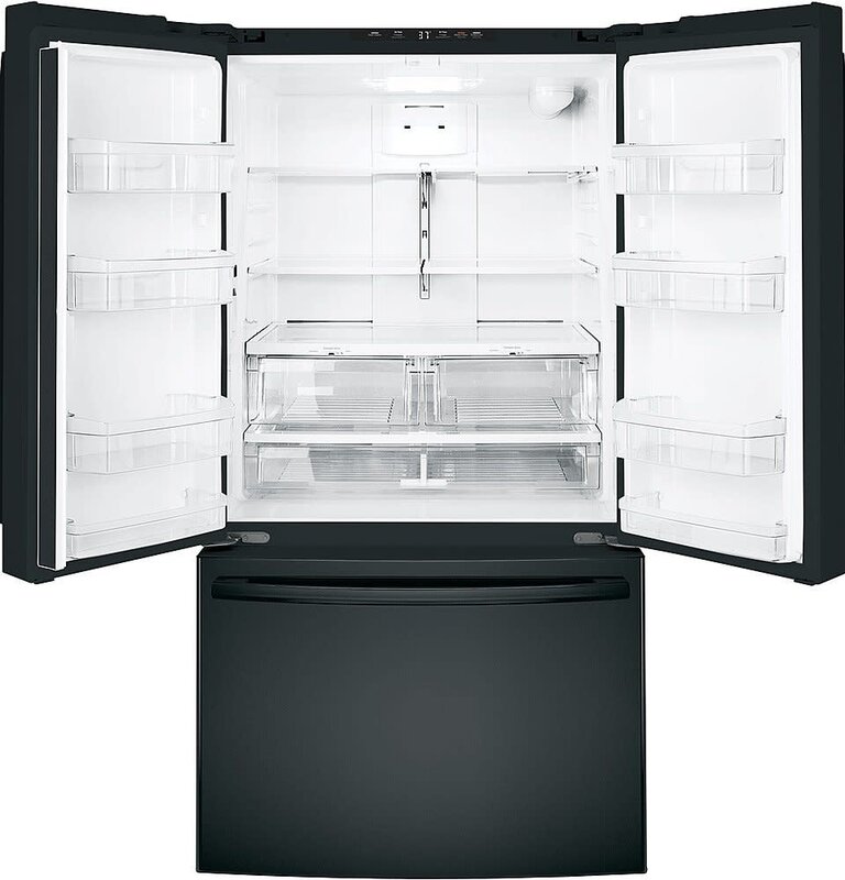 GE *GE GNE27JGMFBB  27.0 Cu. Ft. French Door Refrigerator with Internal Water Dispenser - High Gloss Black