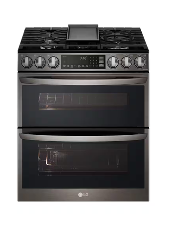 LG *LTGL6937D  30 in. W 6.9 cu. ft. Smart Slide-In Double Oven Gas Range with ProBake and InstaView in Printproof Black Stainless Steel