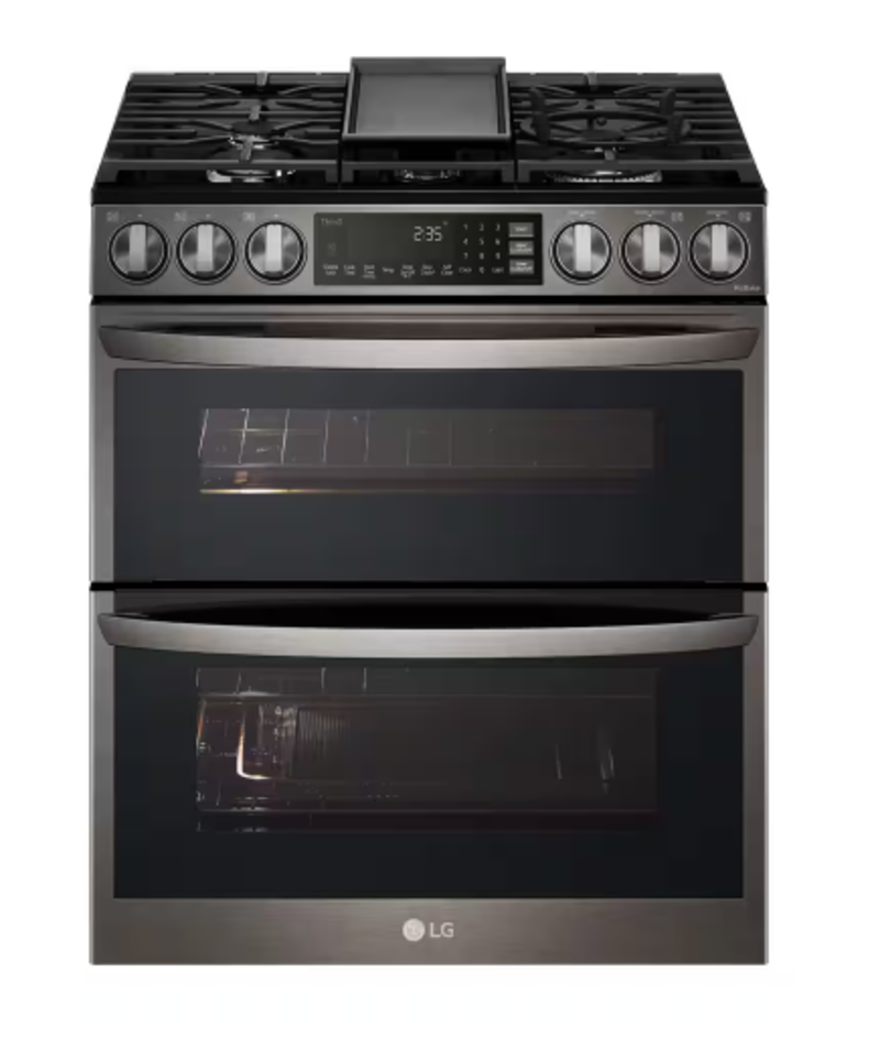 LG *LTGL6937D  30 in. W 6.9 cu. ft. Smart Slide-In Double Oven Gas Range with ProBake and InstaView in Printproof Black Stainless Steel