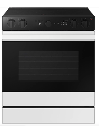 Samsung NSE6DB850212AA (NIB) Bespoke 30 Inch Slide-In Electric Range with 6.3 Cubic Foot Air Fry, Air Sous Vide Self-Clean, Steam Clean, Fingerprint Resistant, SmartThings App, Express Boil, LCD Display in White Glass