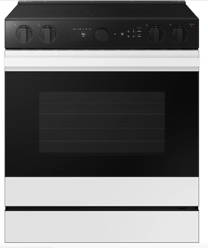 Samsung NSE6DB850212AA (NIB) Bespoke 30 Inch Slide-In Electric Range with 6.3 Cubic Foot Air Fry, Air Sous Vide Self-Clean, Steam Clean, Fingerprint Resistant, SmartThings App, Express Boil, LCD Display in White Glass