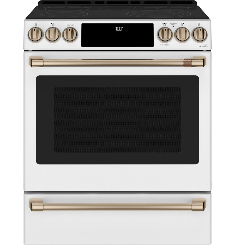 CAFE CES700P4MW2 (NIB) 30" Smart Slide-In, Front-Control, Radiant and Convection Range in Matte White