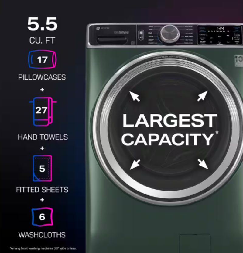 GE *PFW955SPWGN  Profile 5.5 cu. ft. Capacity Smart Front Load Washer with UltraFresh Vent System Plus, PowerSteam, Smart Wash Plus Rinse in Jade Green