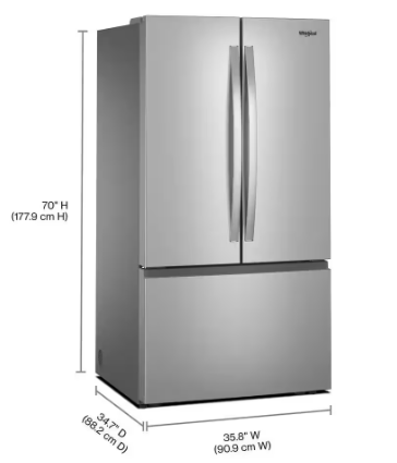 Whirlpool *WRFF3136SZ 36 in. 31 cu ft. Freestanding French Door Refrigerator in Fingerprint Resistant Stainless Finish with Ice Maker
