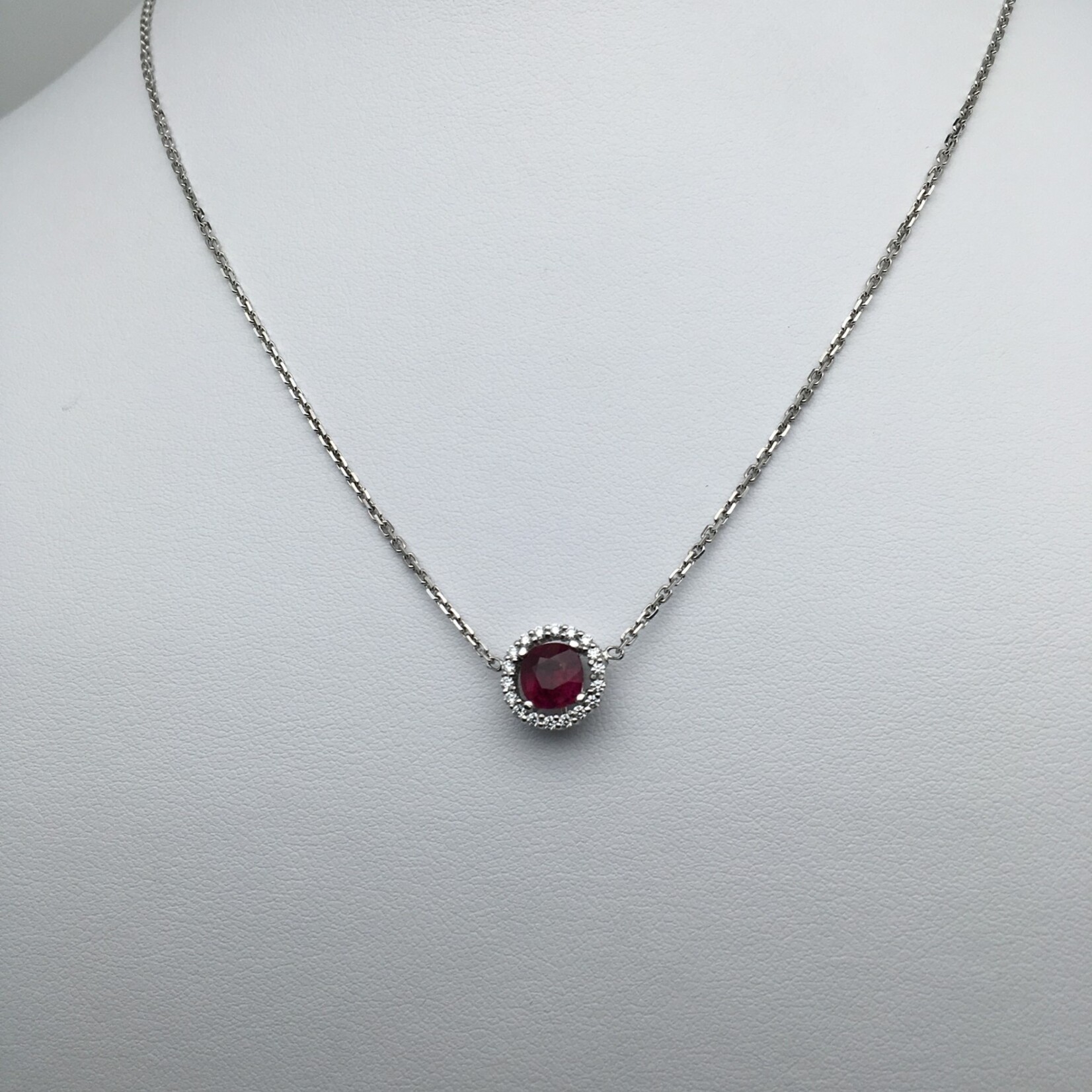 Franklin Jewelers 18ktW Ruby w/ Diamond Halo Pendant Necklace