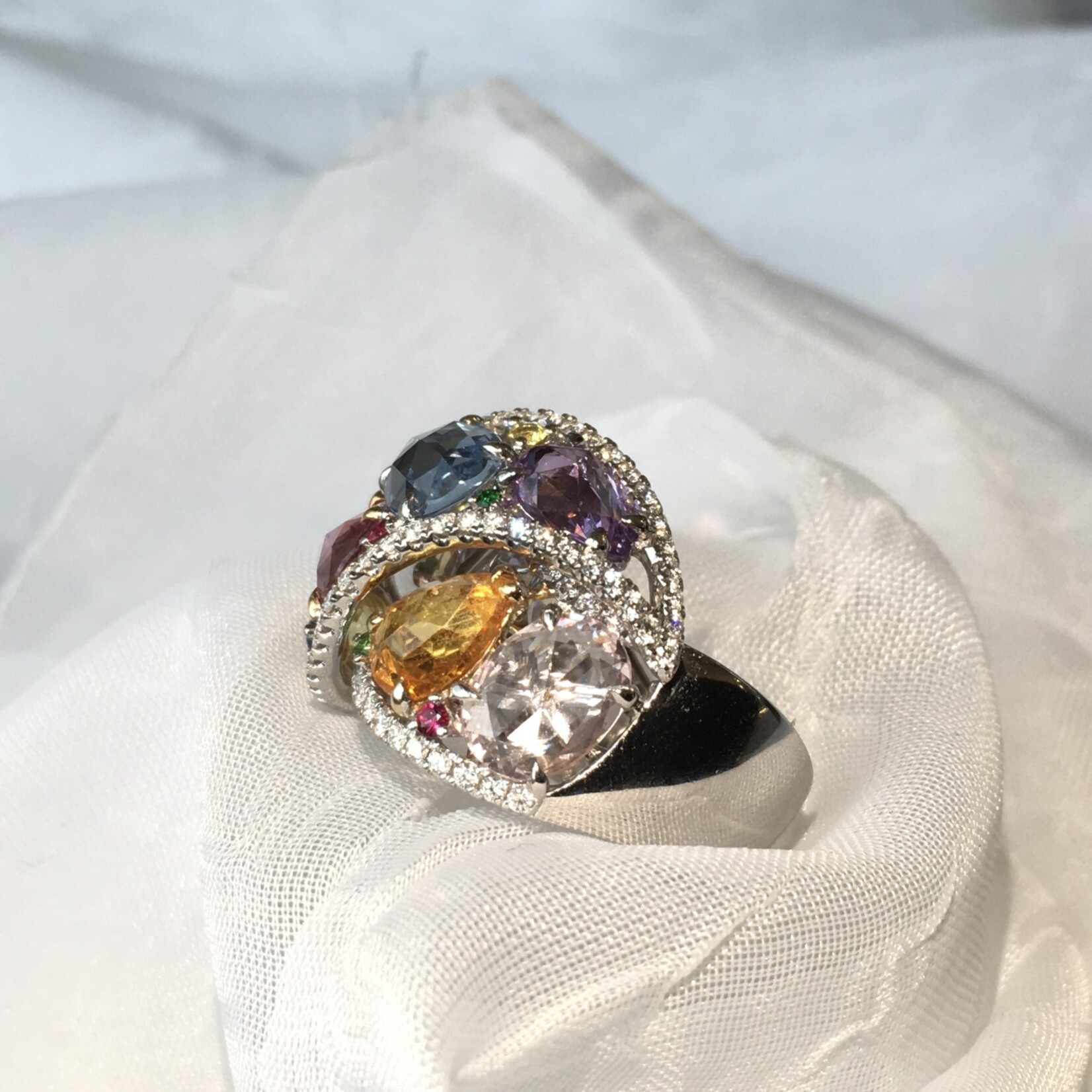 Jye International Inc 18ktW 8.68c Sapphire Diamond and Ruby Ring