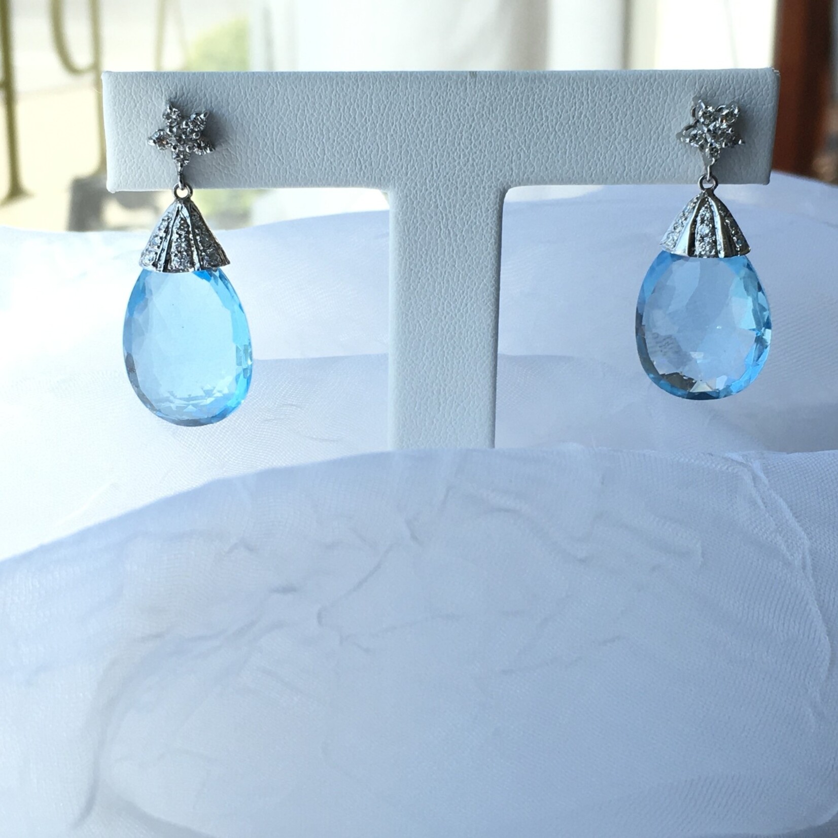 14kt W 20ct Blue Topaz and .72ct diamond drop earrings