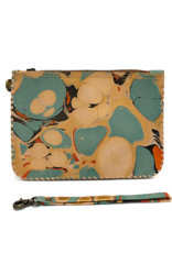 Gold Aqua Marbled Leather Wristlet Pouch