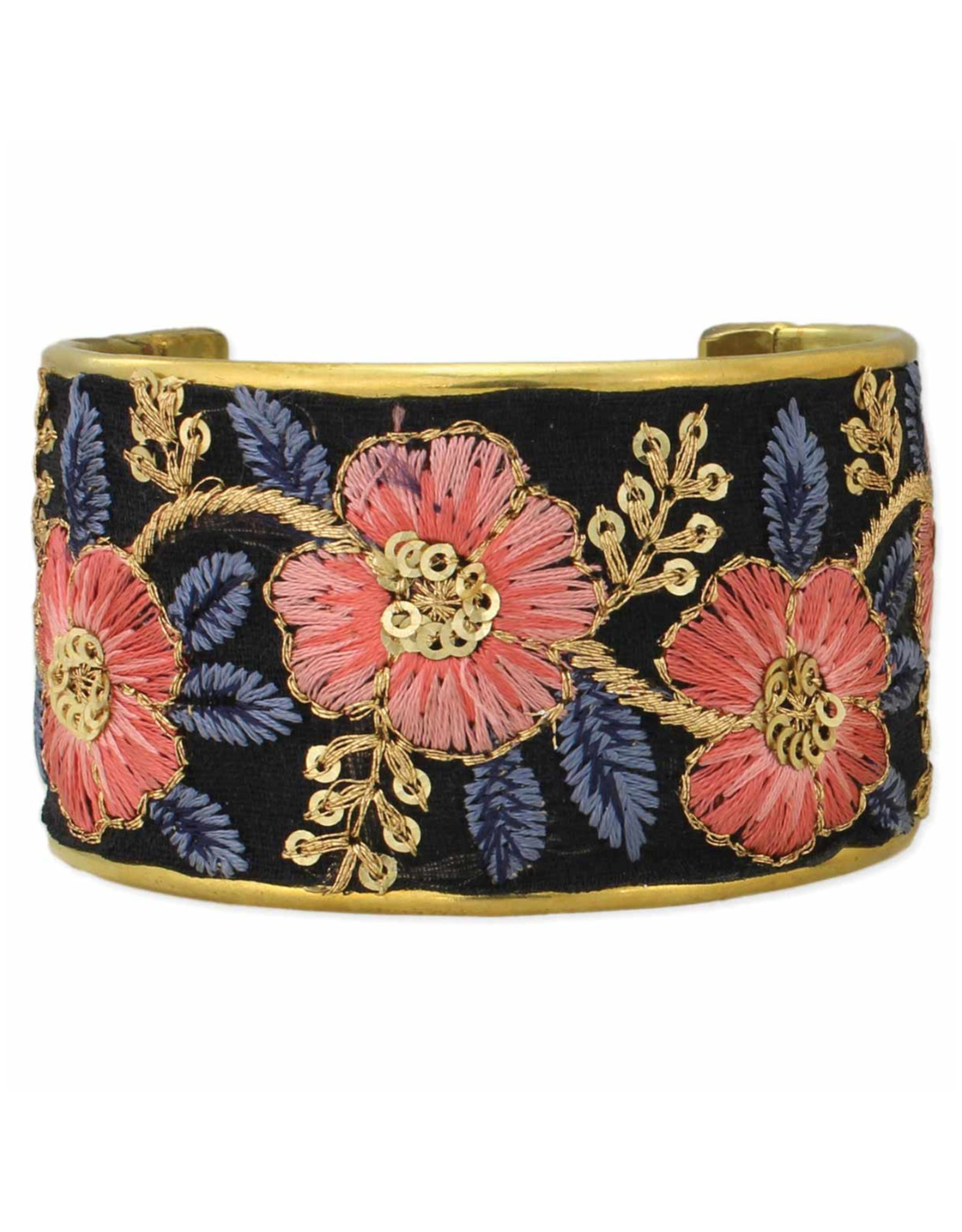 Black & Pink Embroidered Floral Cuff