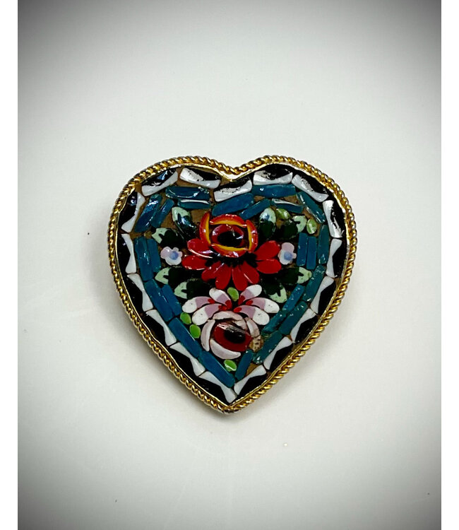 Vintage Floral Mosaic Heart Pin