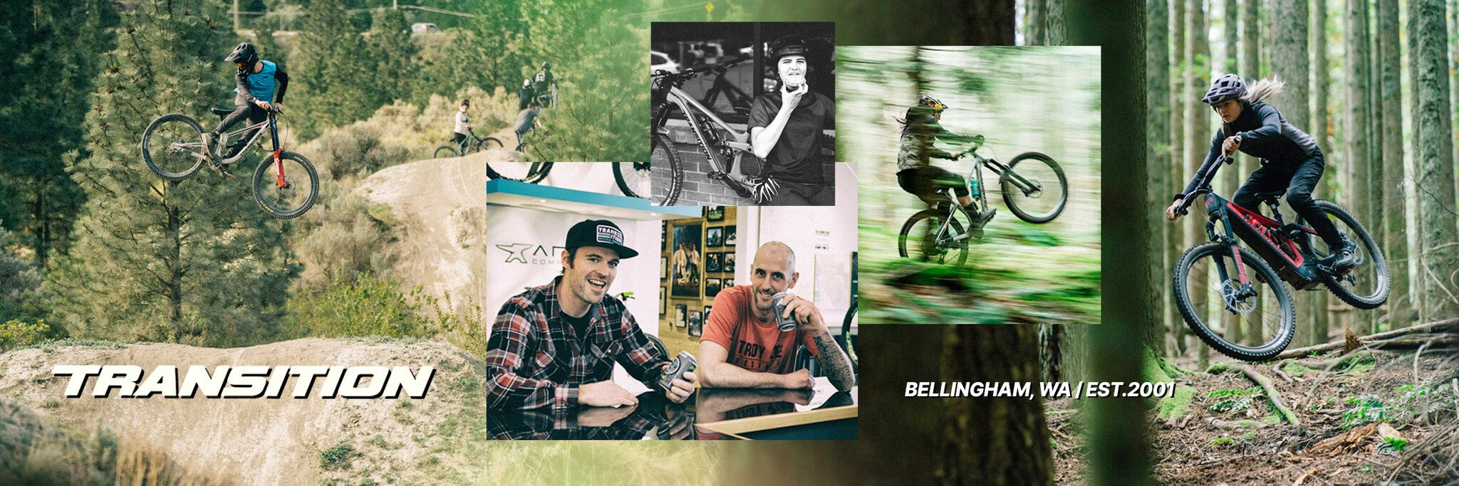 Photo collage of mountain biking related imagery pertaining to the Transition bicycle brand.
