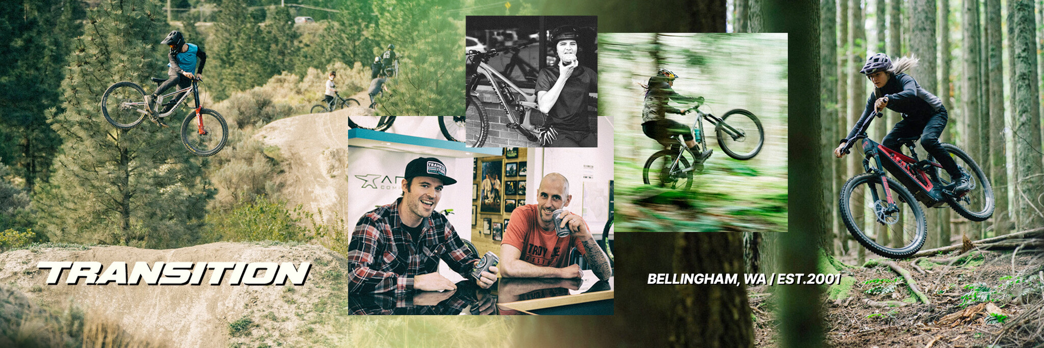 Photo collage of mountain biking related imagery pertaining to the Transition bicycle brand.