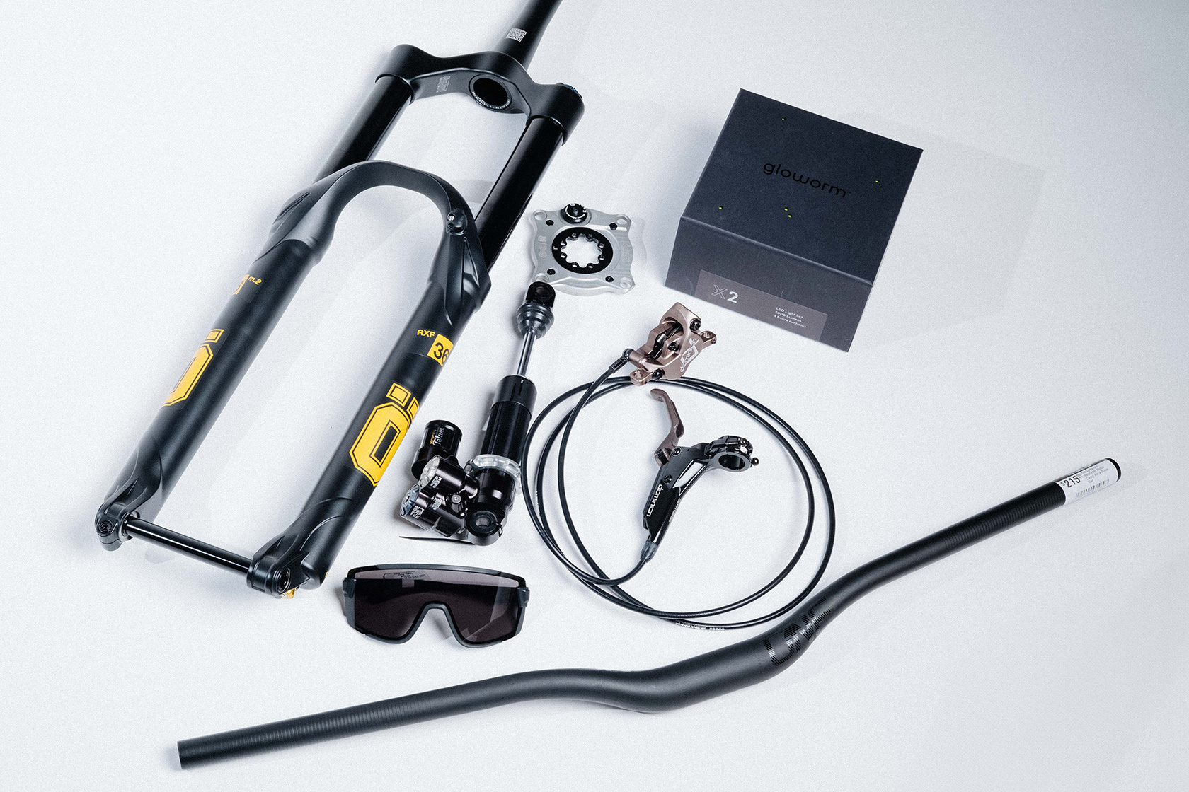 Mountain bike related gift suggestions comprised of a dirt jumper frame, pedals, handle bar, fork, tire, wheel et al