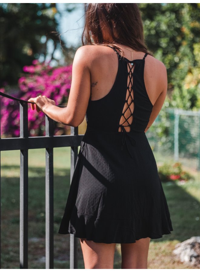 Black Lace Up Back Mini Dress