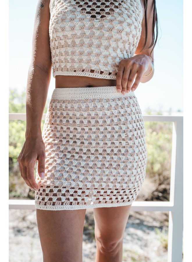 Wh/Taupe Lined Open Weave Mini Skirt  7659