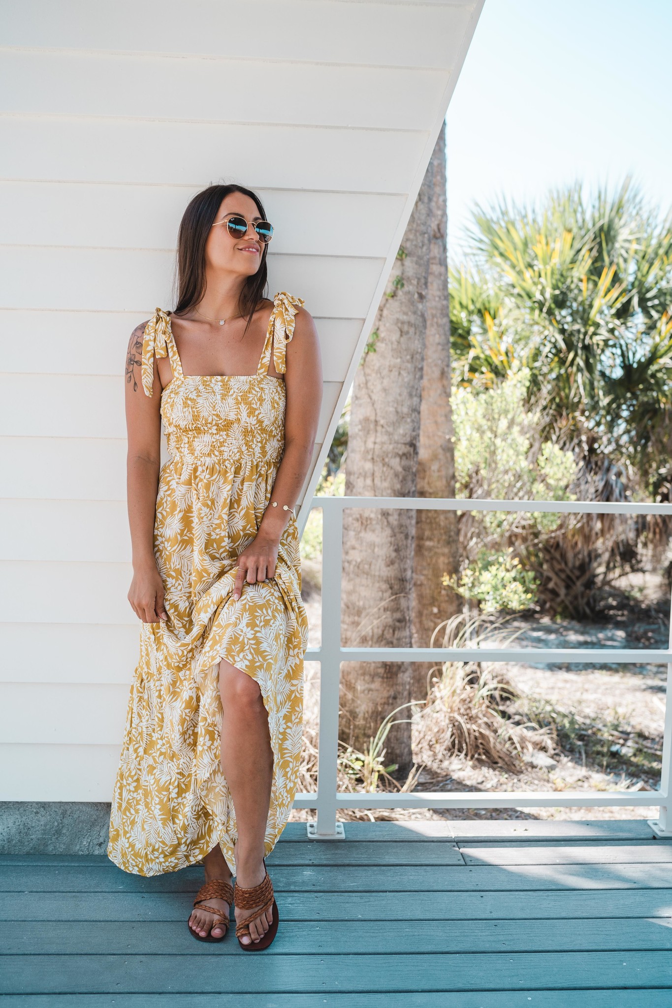 Leafy Palms Yellow Shoulder Tie Maxi 