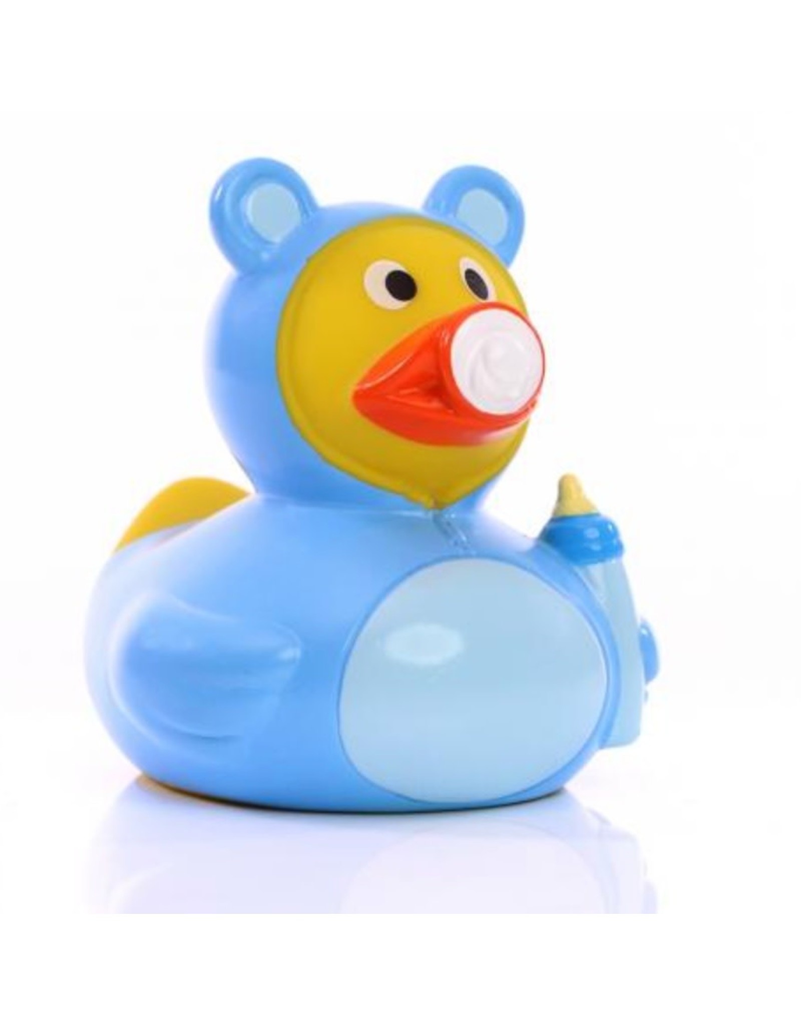 Adorable baby boy onesie rubber duck featuring a light blue outfit and pacifier, perfect as a charming gift or decoration for baby showers and newborn celebrations.