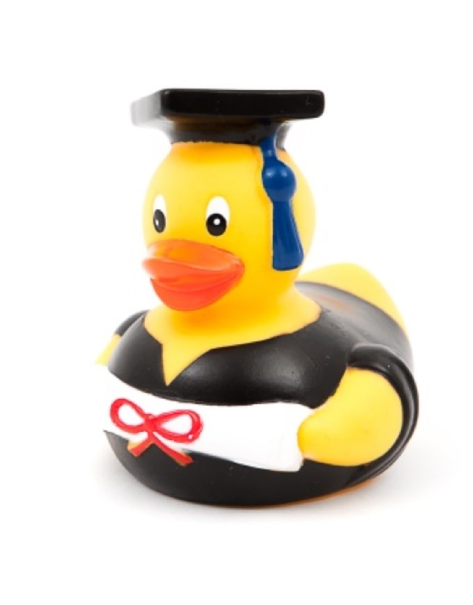 Graduate rubber duck wearing a black cap and gown, holding a diploma—perfect for celebrating graduations with a fun and memorable gift.