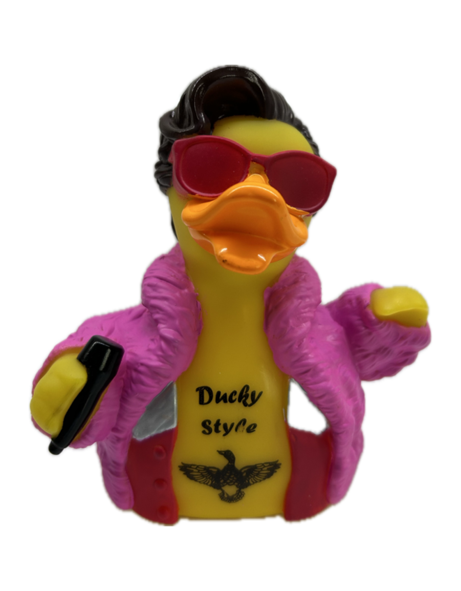 Rock-and-roll rubber duck wearing a pink coat and red sunglasses, with 'Ducky Style' tattooed on its chest.