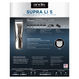 Andis Andis Supra Li 5 Adjustable Blade Cordless Clipper & Guides 73500