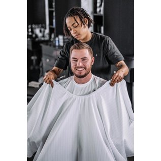 Barber Strong Barber Strong Cape NanoShield Polyester Hook Closure White | Black Pinstripe 54"x64"