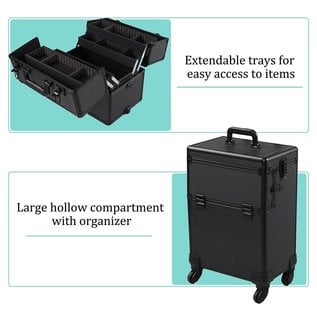 AIV AIV 2-in-1 Aluminum Rolling Beauty Makeup Hard Cosmetic Case Lockable Black
