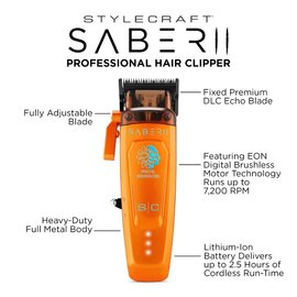 StyleCraft StyleCraft Saber 2 Adjustable Blade Cordless Metal Clipper Orange - SC617O