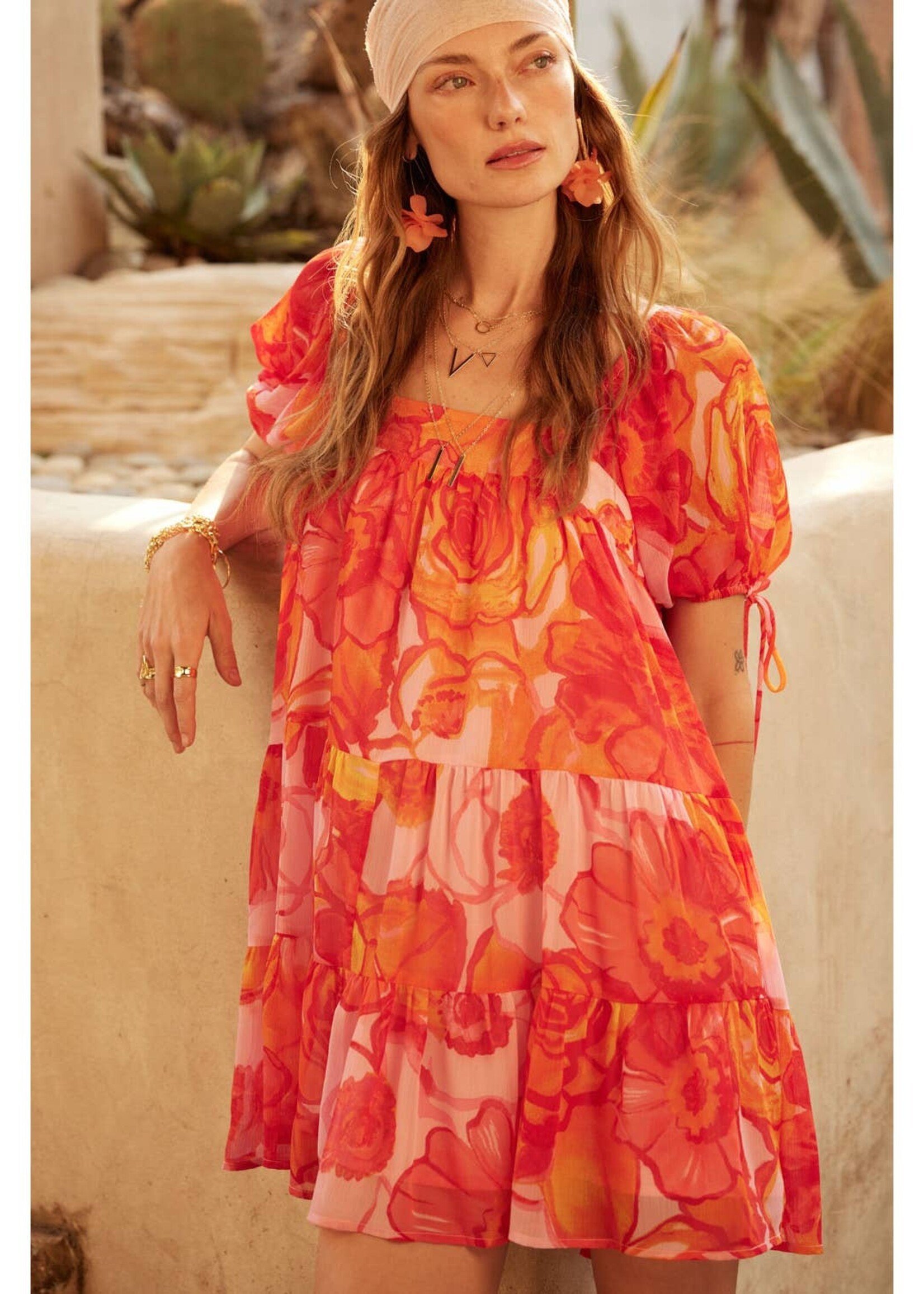 Promesa USA Floral Chiffon Puff-Sleeve Babydoll Mini Dress