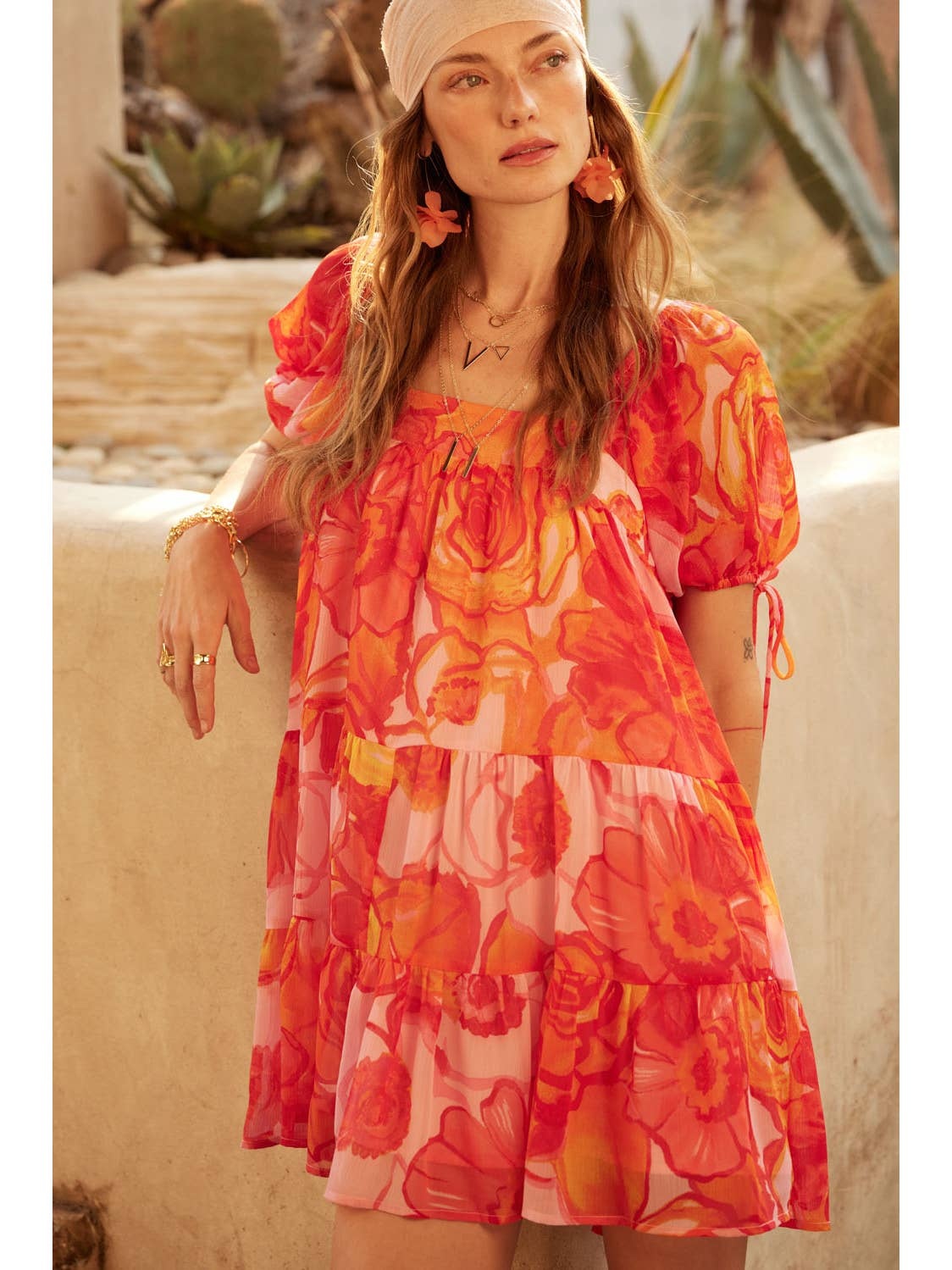 Promesa USA Floral Chiffon Puff-Sleeve Babydoll Mini Dress