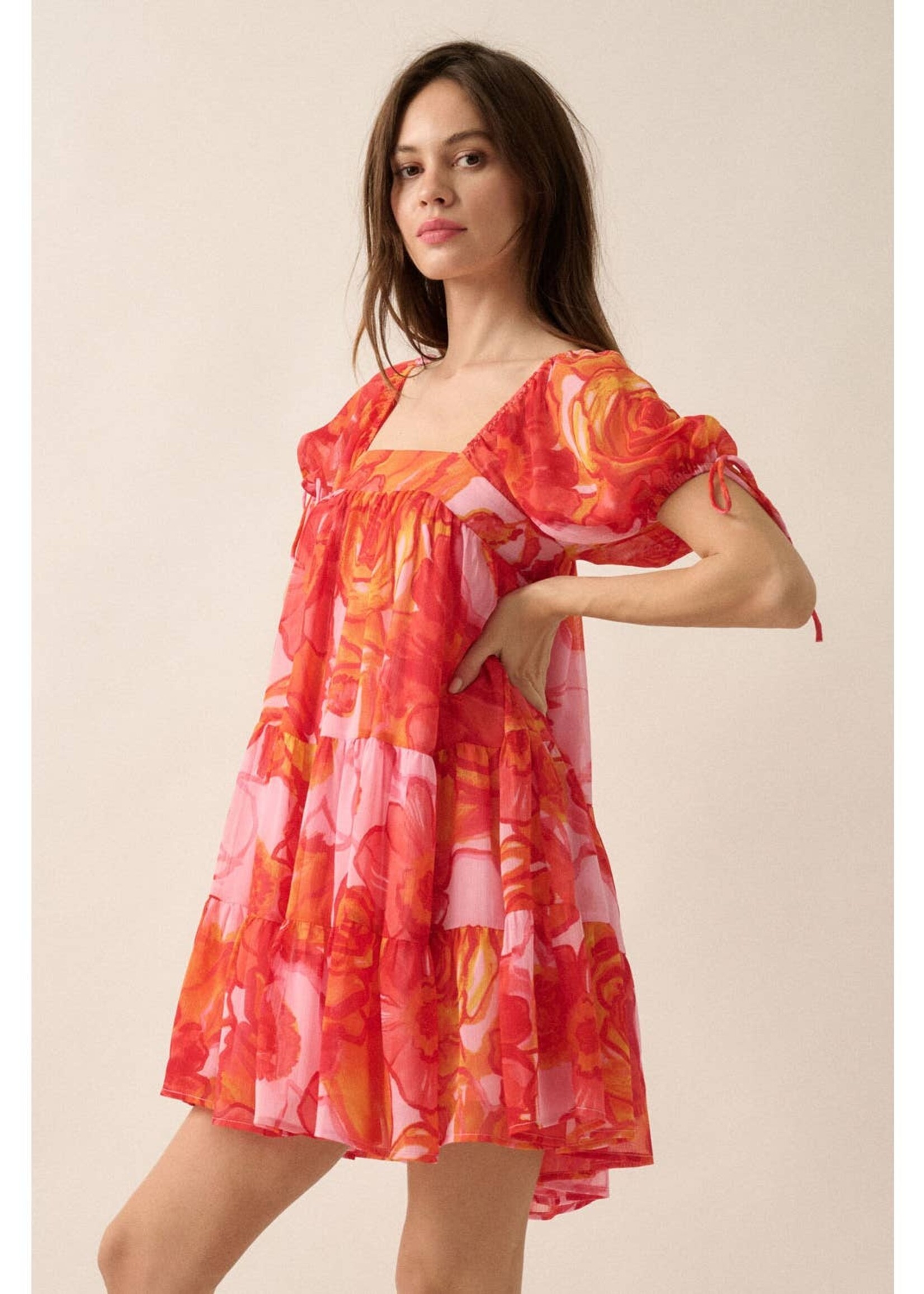 Promesa USA Floral Chiffon Puff-Sleeve Babydoll Mini Dress